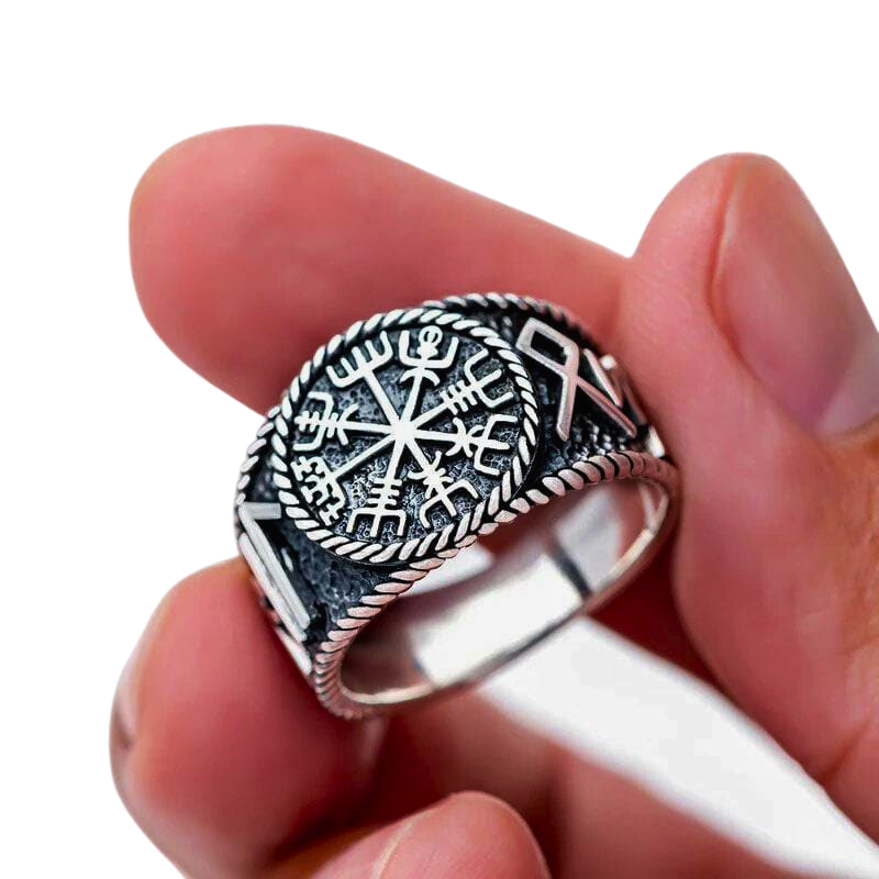 925 Sterling Silver Antique Vegvisir and Runes Ring