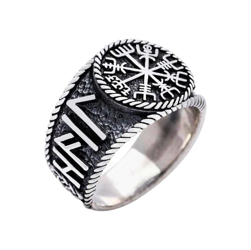 925 Sterling Silver Antique Vegvisir and Runes Ring