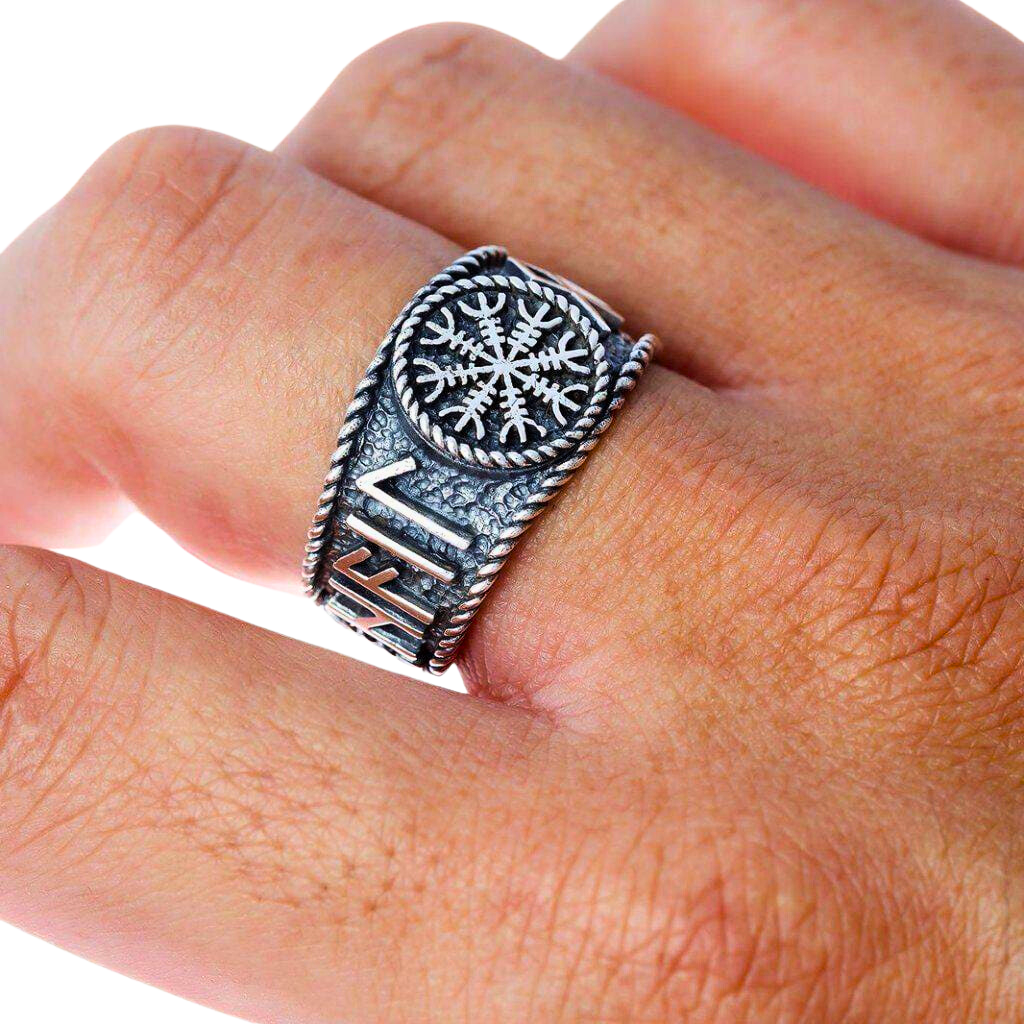 925 Sterling Silver Antique Vegvisir and Runes Ring