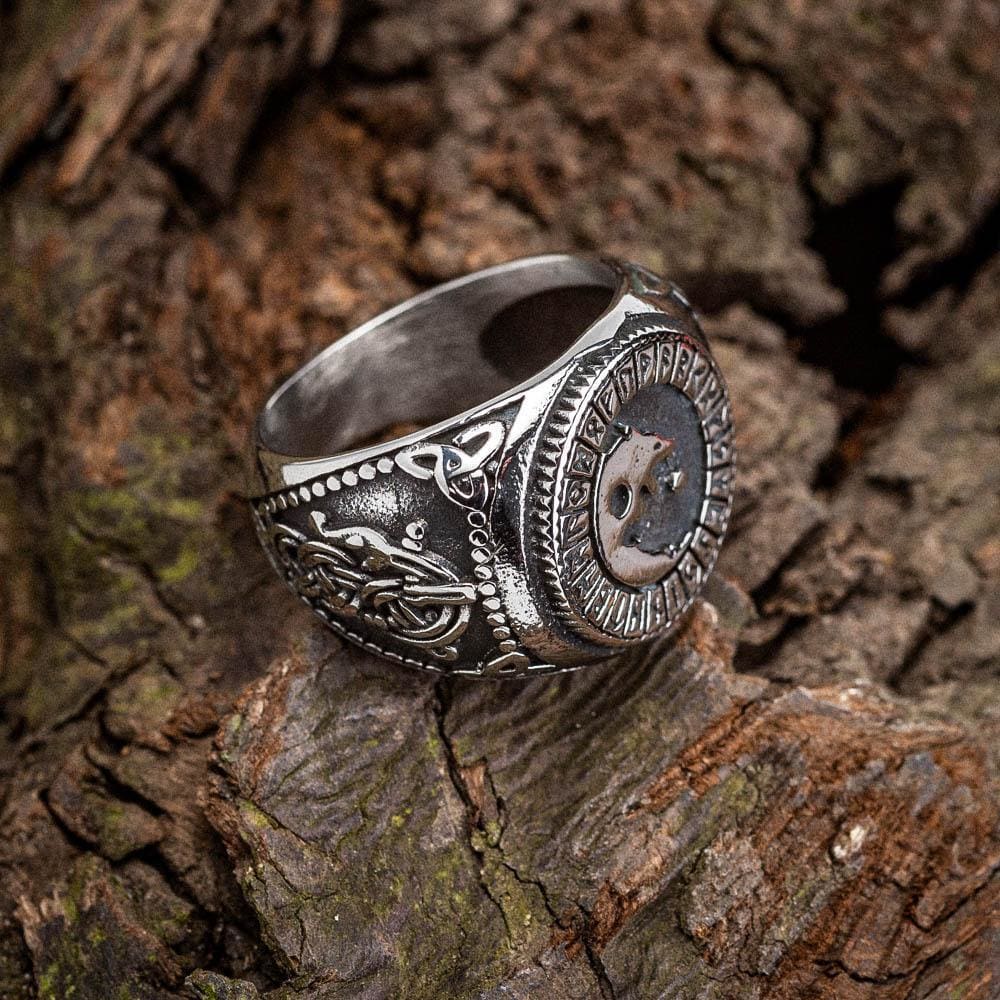 Stainless Steel Wolf and Rune Signet Ring