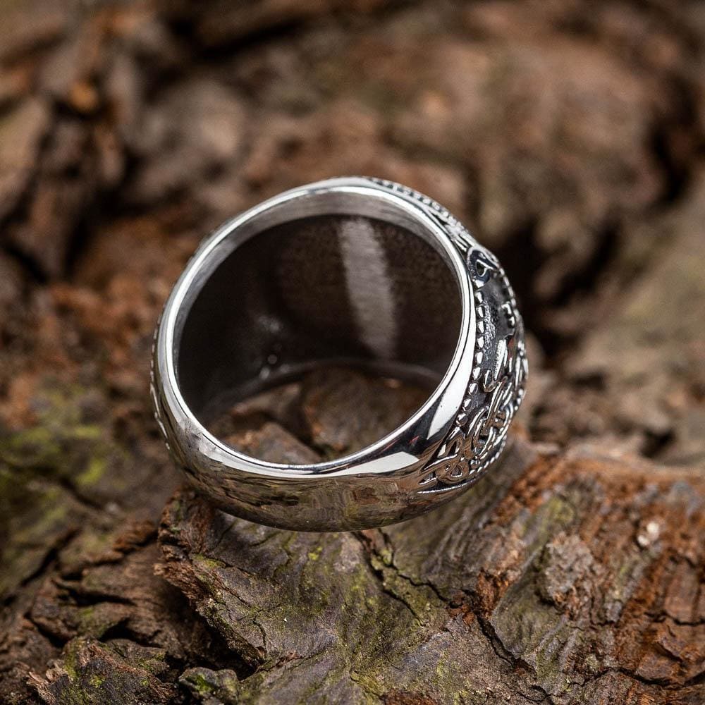 Stainless Steel Wolf and Rune Signet Ring