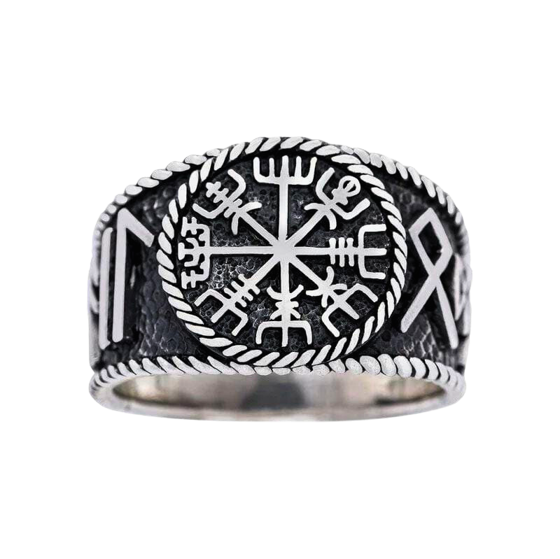 925 Sterling Silver Antique Vegvisir and Runes Ring