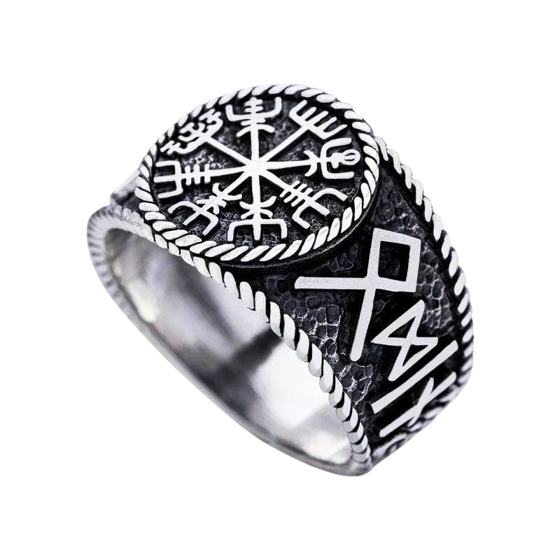 925 Sterling Silver Antique Vegvisir and Runes Ring