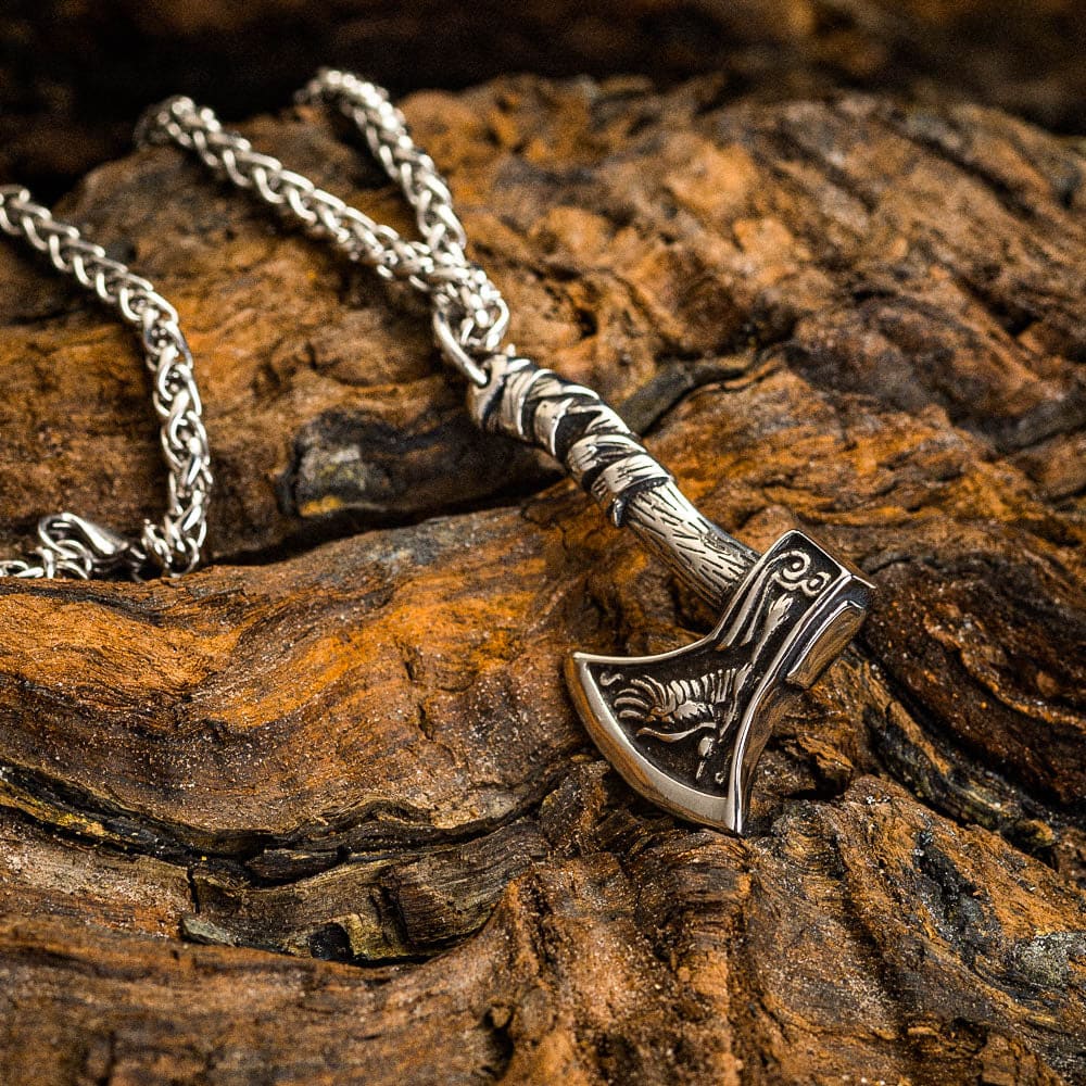 Stainless Steel Viking Axe With Wolf and Raven Necklace