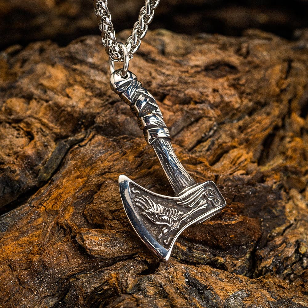 Stainless Steel Viking Axe With Wolf and Raven Necklace