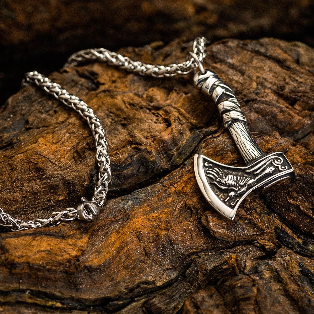 Stainless Steel Viking Axe With Wolf and Raven Necklace