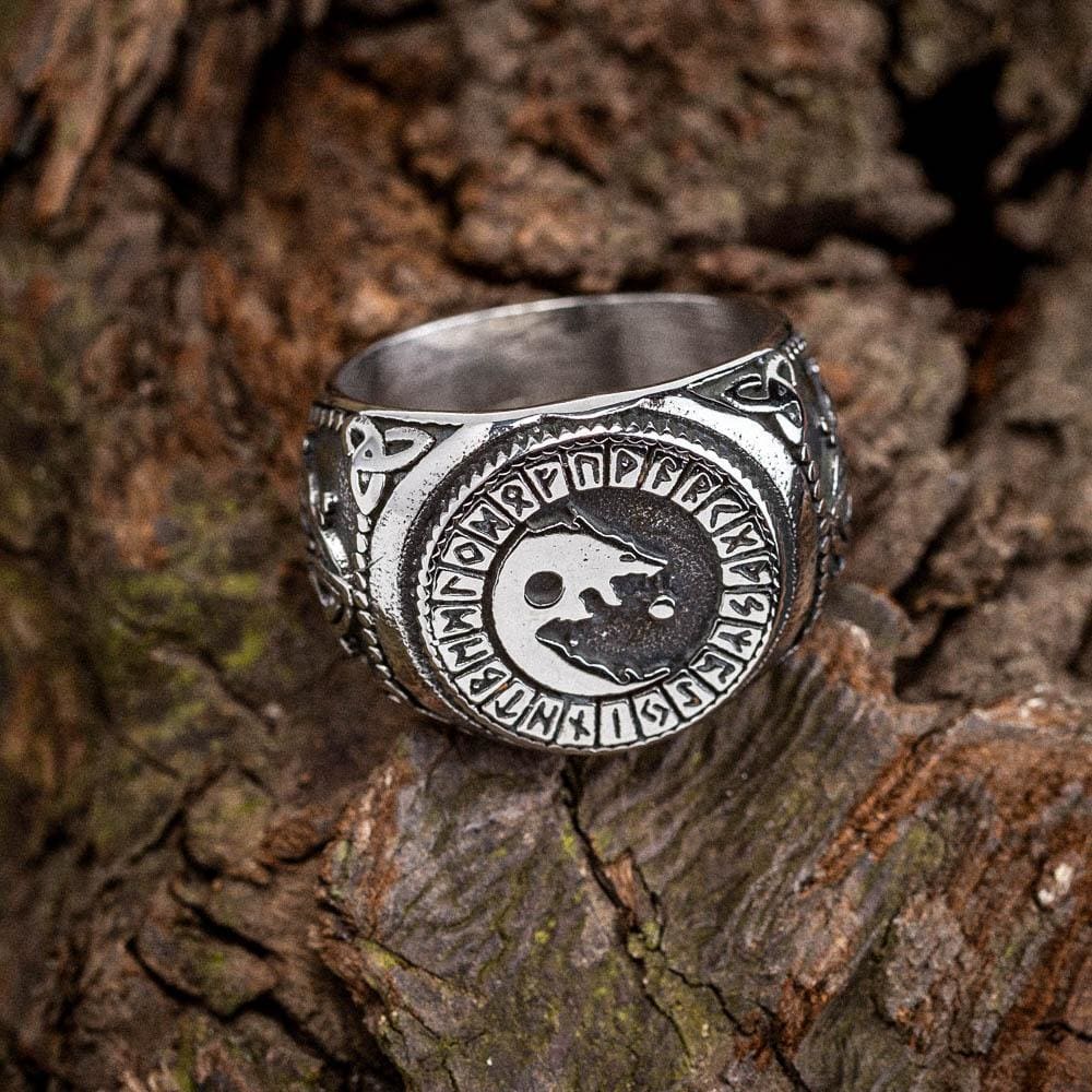 Stainless Steel Wolf and Rune Signet Ring